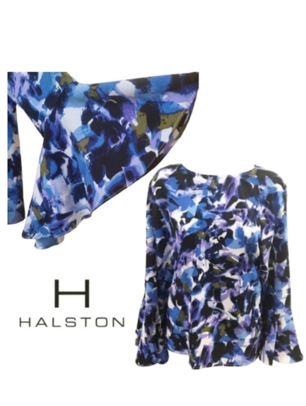 Bell Sleeve Blue Abstract Floral Blouse, H by Halston